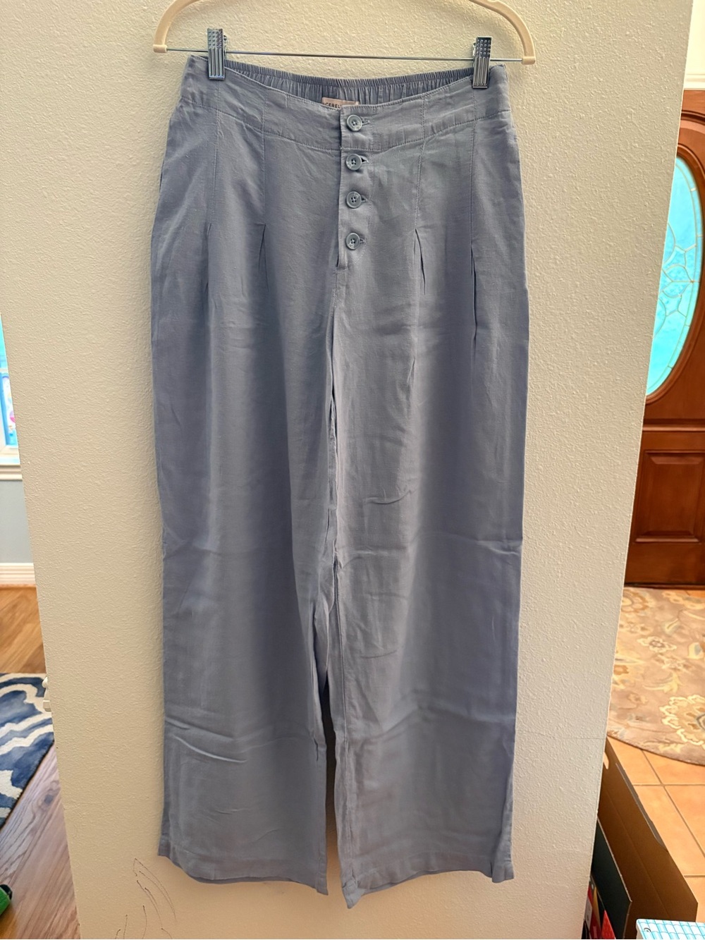 Women’s Wide-Leg Linen blend chinos Light Blue with Button Front Pleated Medium